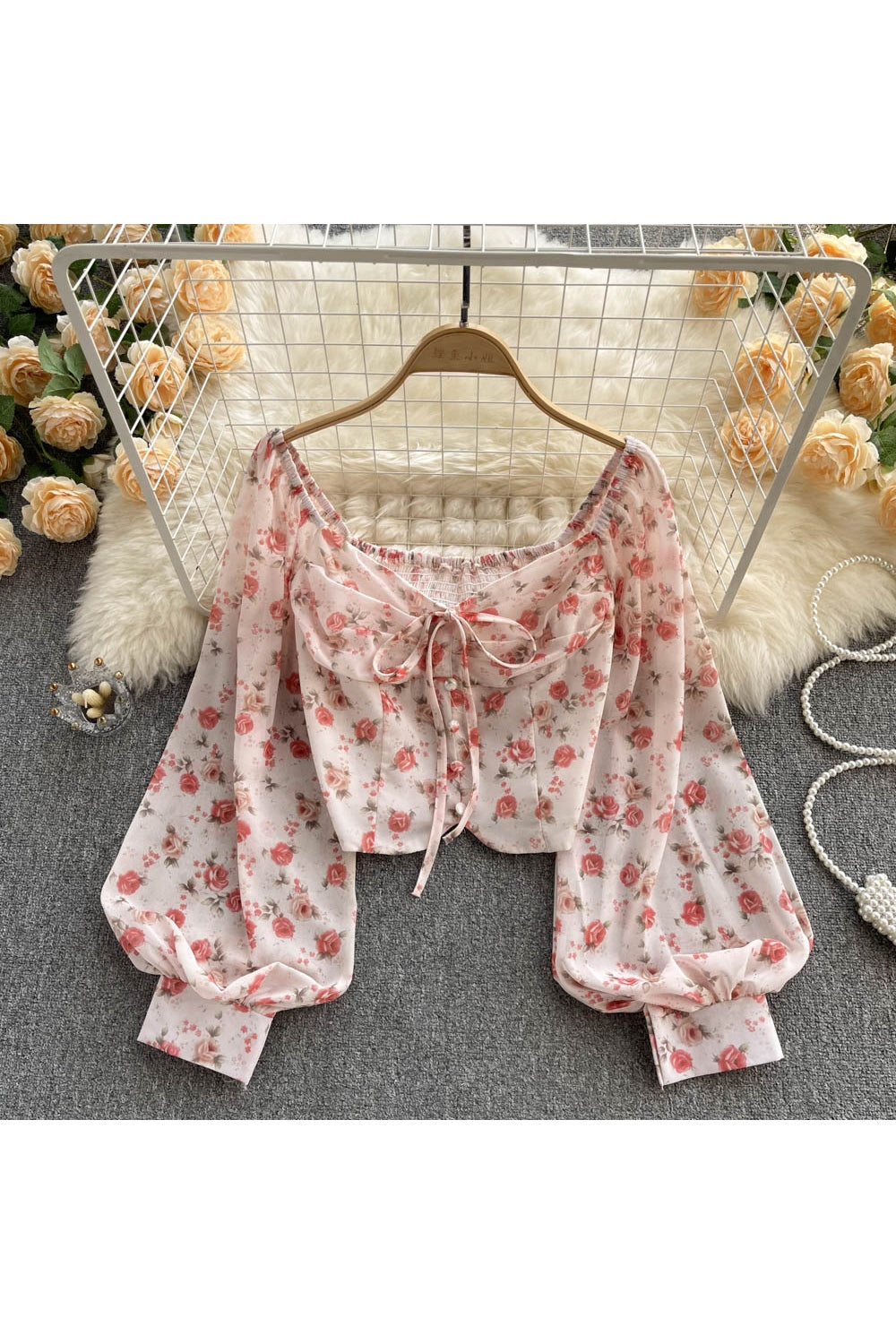 Flowy Bohemian Floral Blouse in light pink hue.