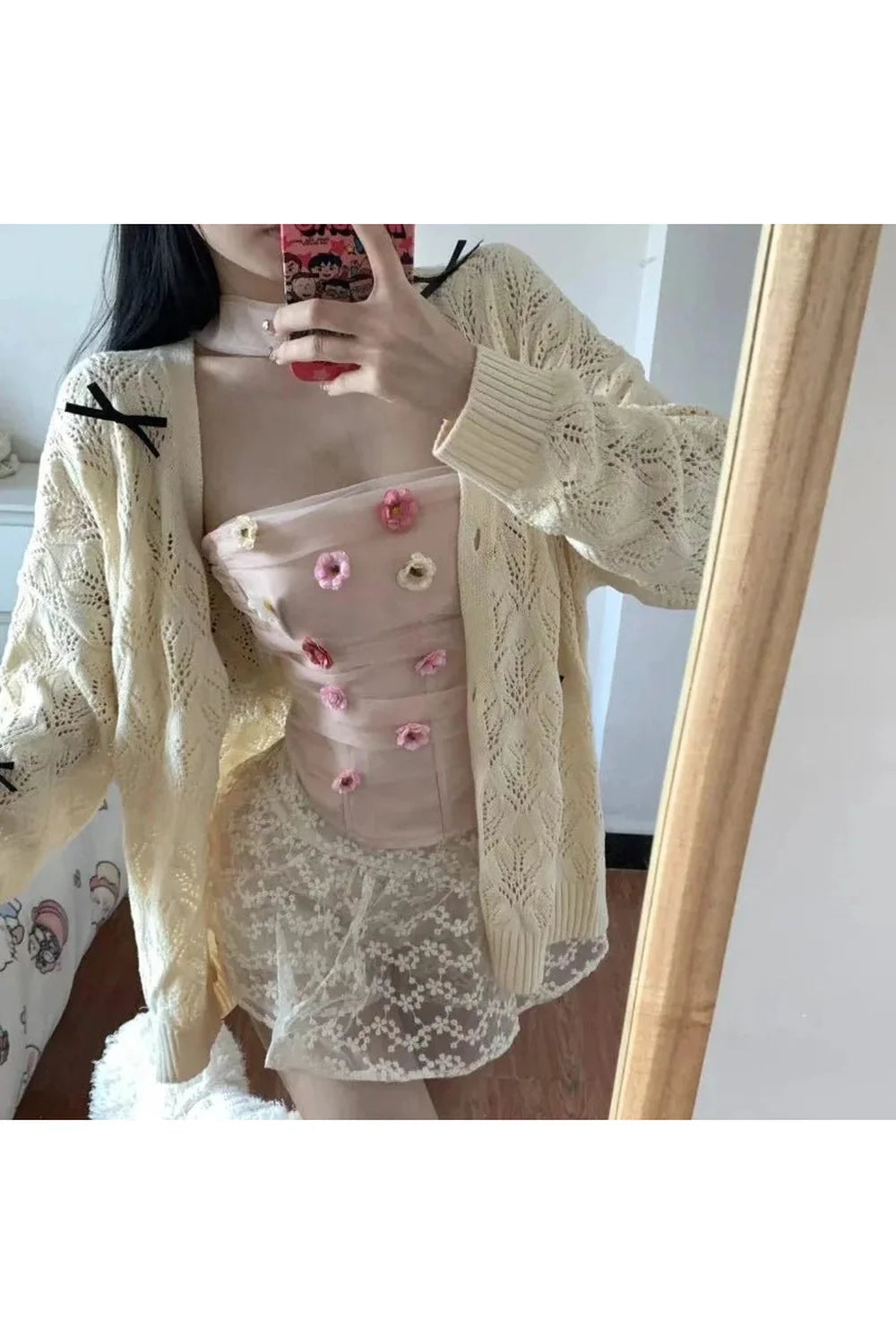 Fall Bow-Embellished Lace Cardigan