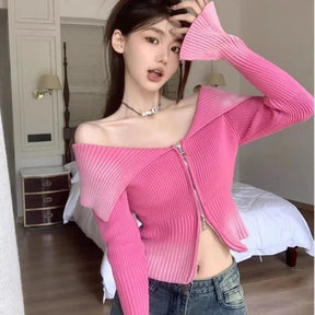 Bubblegum Zip-Up Off-Shoulder Top