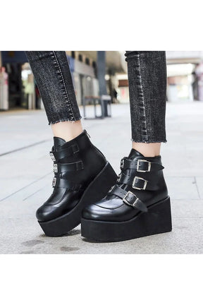 Stylish black Buckle Ankle Goth Boots for edgy look.