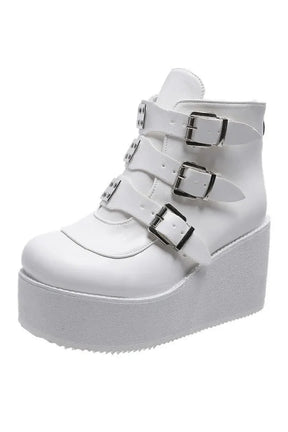 White Buckle Ankle Goth Boots, edgy fashion.