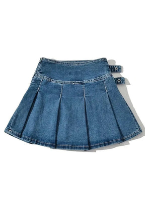 Blue Buckle Denim Mini Skirt with stylish design.