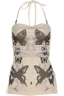 Khaki Butterfly Bandage Top with intricate design.