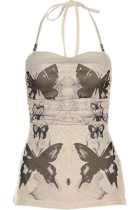 Khaki Butterfly Bandage Top with intricate design.