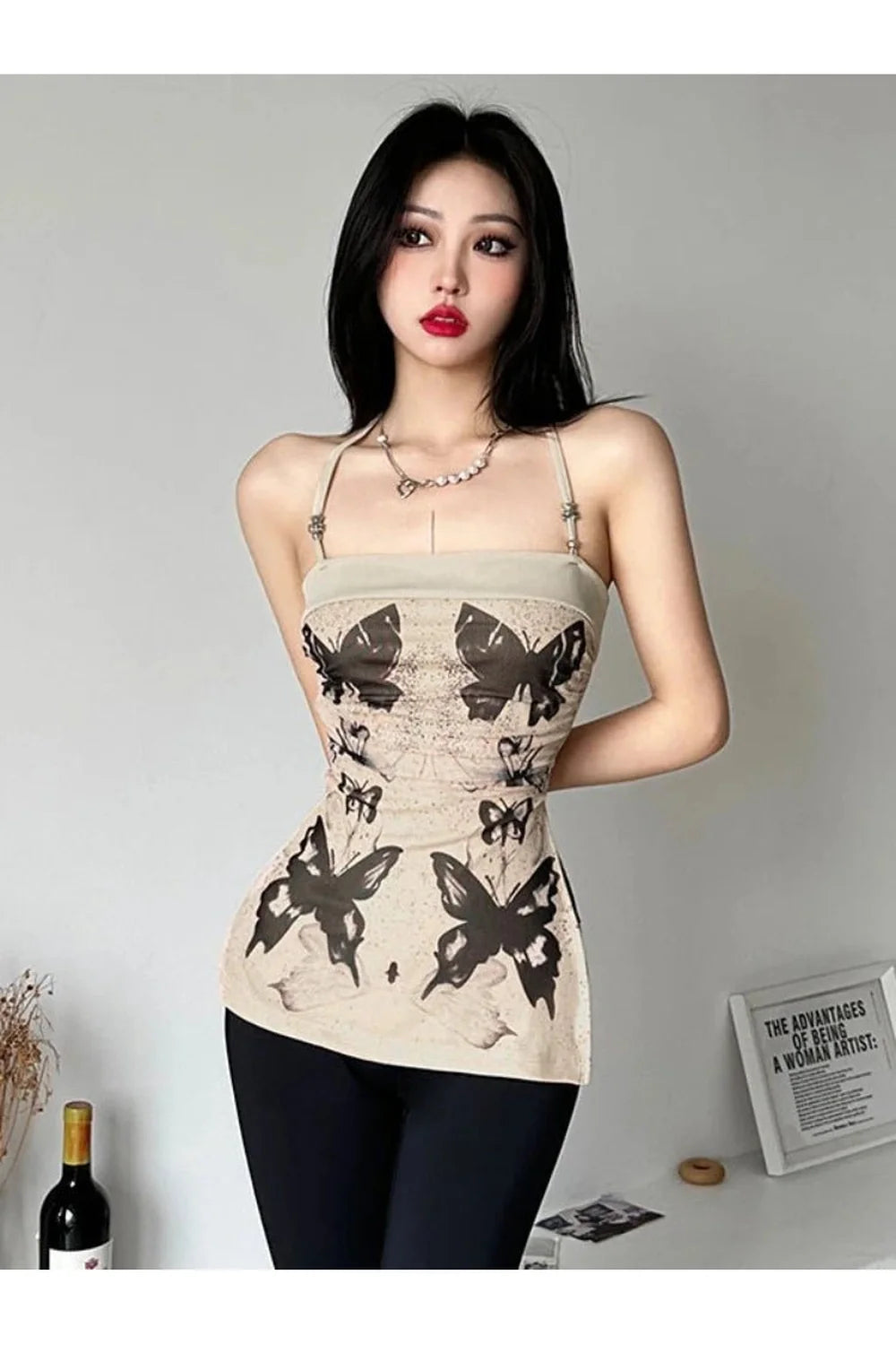 Khaki Butterfly Bandage Top with intricate design.