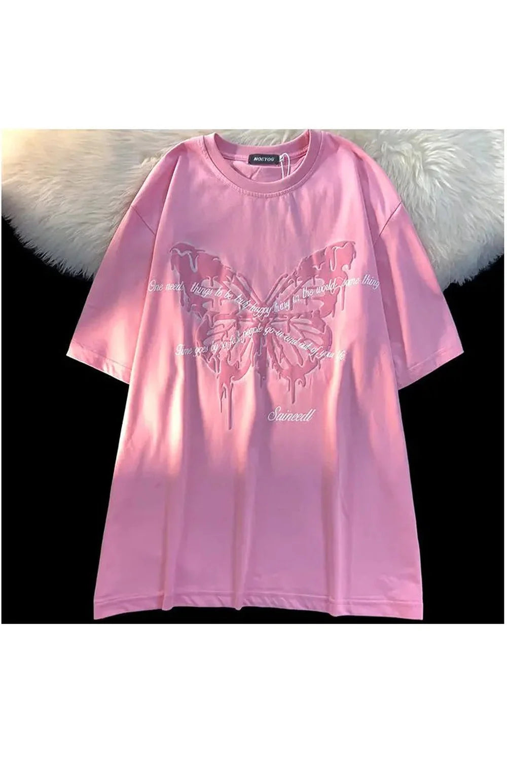 Pink Butterfly Cotton Y2k Tee with vibrant hues.