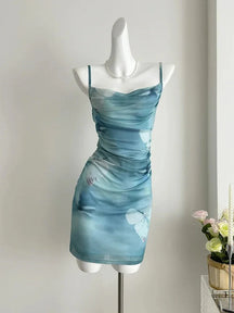 Blue Butterfly Dream Ruched Mini Dress, elegant.