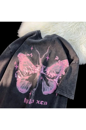 Black Butterfly Printed Cotton T-shirt with elegant design.