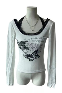 White Butterfly Script Lace-Trim Top with elegance.