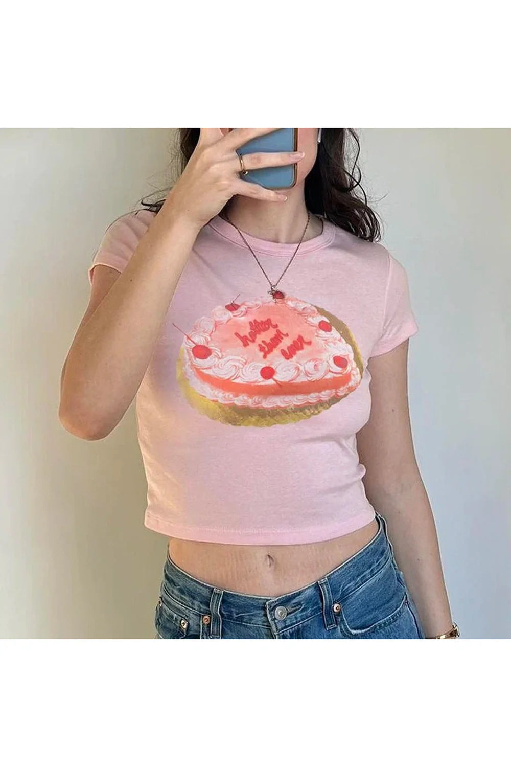 Pink Cake Print Basic Top with a sweet design.