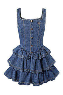 Blue denim dress with ruffle detailing (Variant 1).