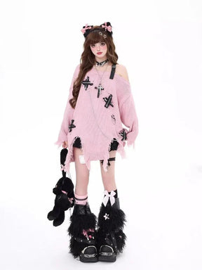 Pink Candy Chains Distressed Sweater exudes charm.