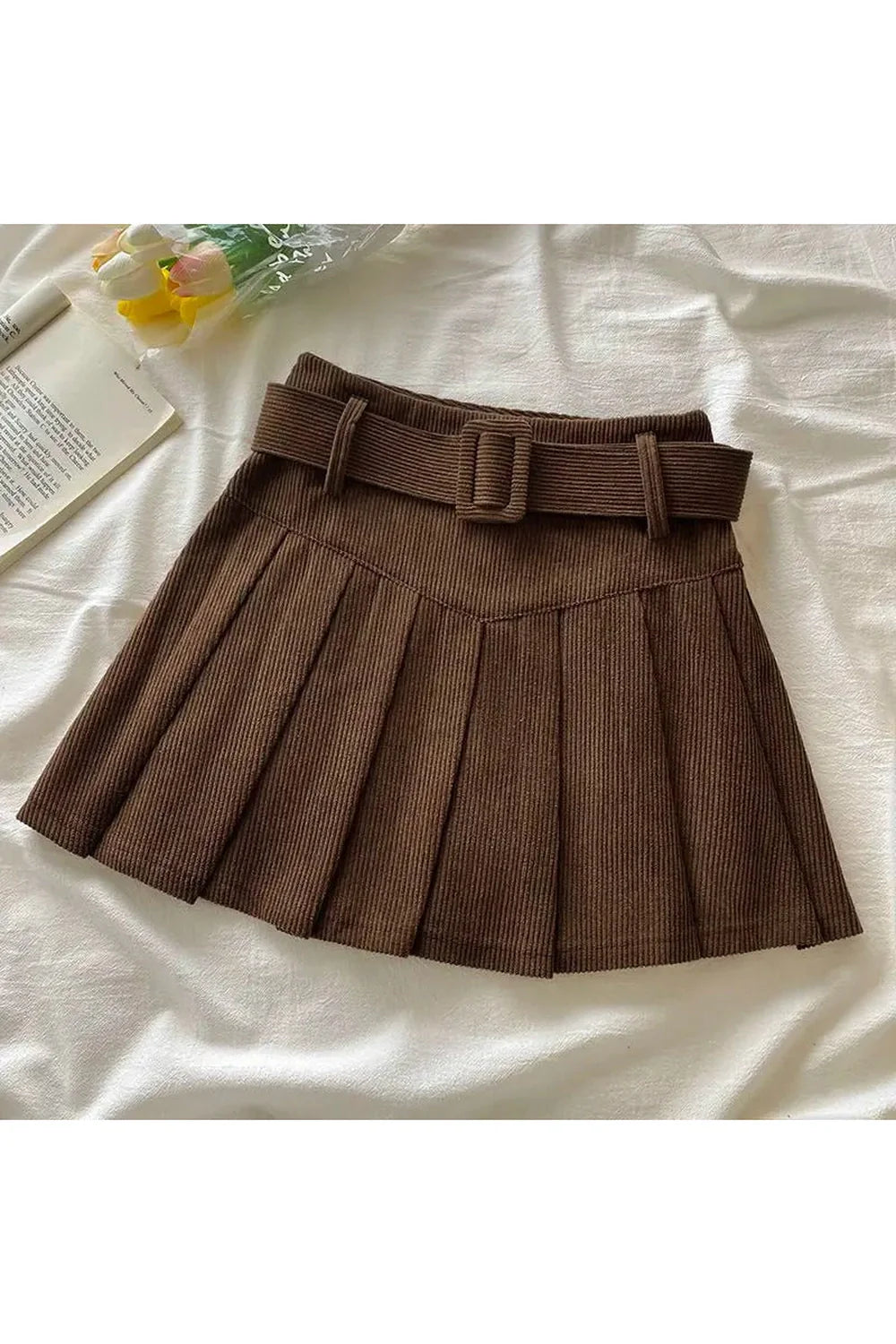 Caramel Pleat Delight Skirt in coffee with belt.