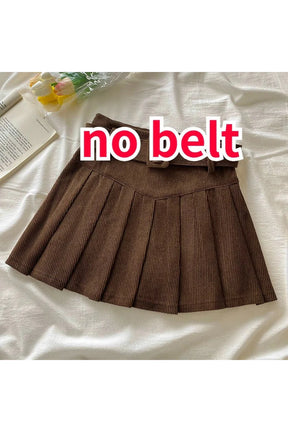 Flowing caramel pleat skirt in coffee hue.