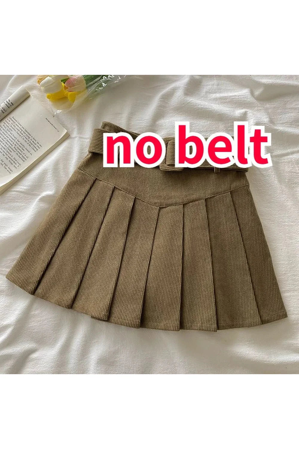 Khaki no belt pleated skirt in caramel hue.