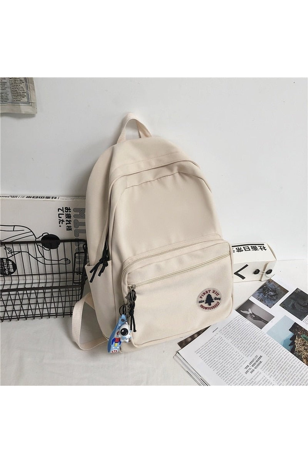 White Casual Nylon College Backpack for stylish students.