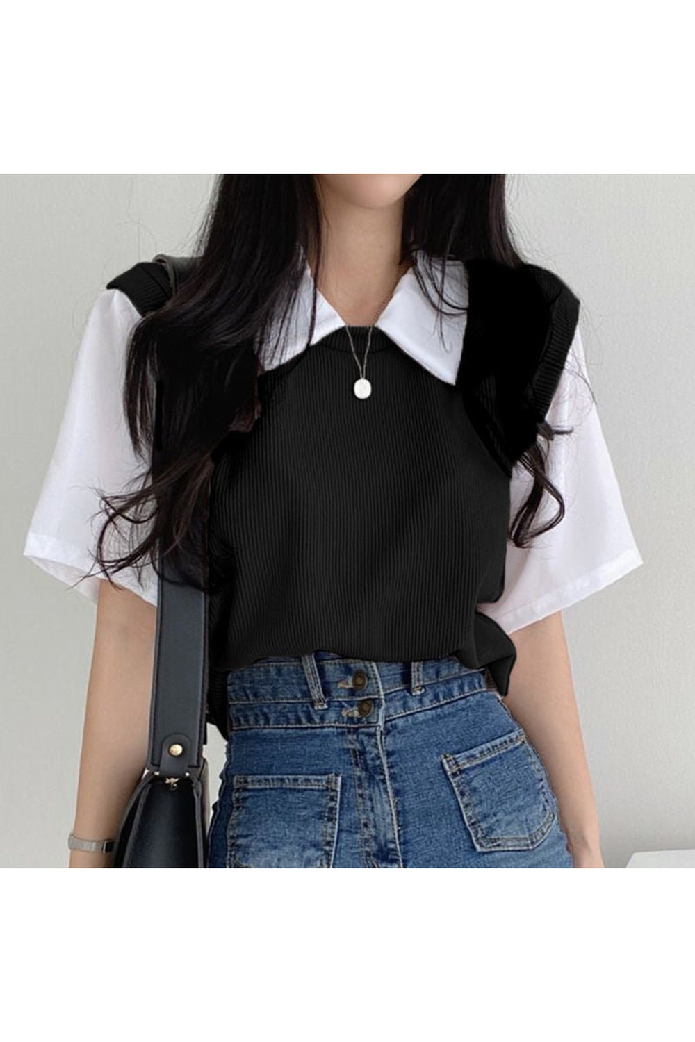 Casual Polo Two Piece T-shirt in Black, stylish.