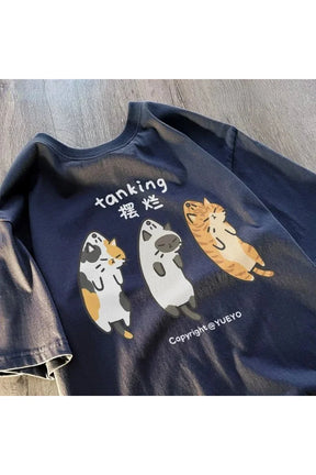 Navy blue cotton T-shirt with cat design.