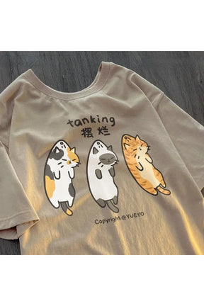 Cat Design Cotton T-shirt in apricot with cat motif.