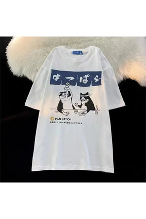 White Cat Print Minimalist T-shirt with feline design.