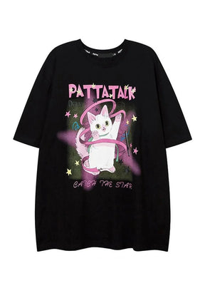 Black Cat Print Y2k T-Shirt with W2253-black variant.