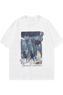 White Cat Print Y2k T-Shirt with unique design.