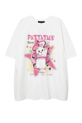 White Cat Print Y2k T-Shirt with unique design.