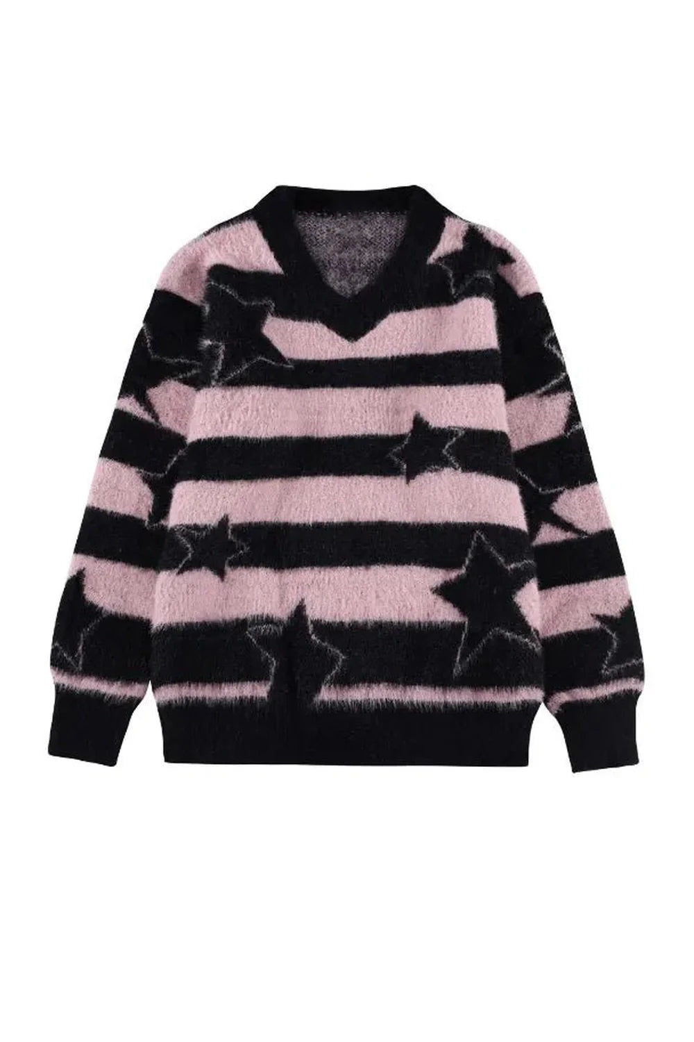 Cozy Pink oversized Fall sweater with celestial stripes.