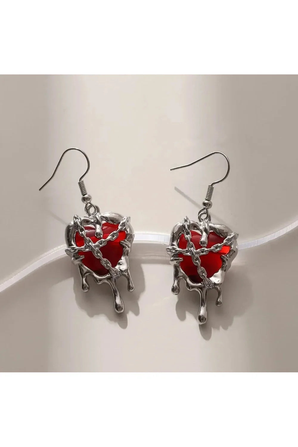 Blood red heart earrings chained design, variant 1.