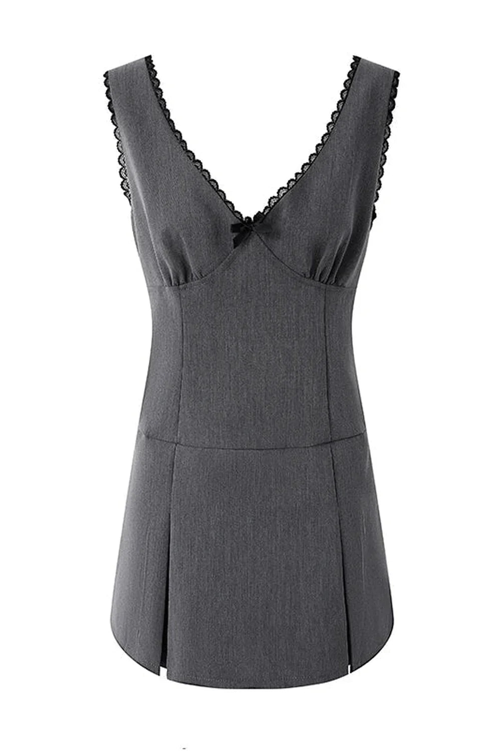 Elegant Grey Charcoal Lace Trim Dress. Feminine.