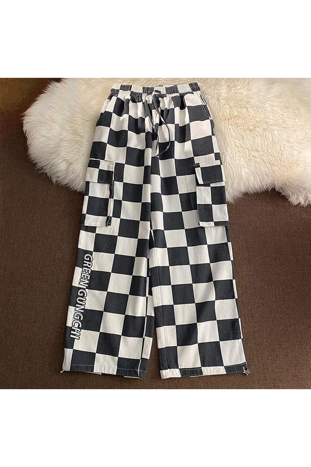 Stylish Black Checkerboard Wide Leg Pants for women.