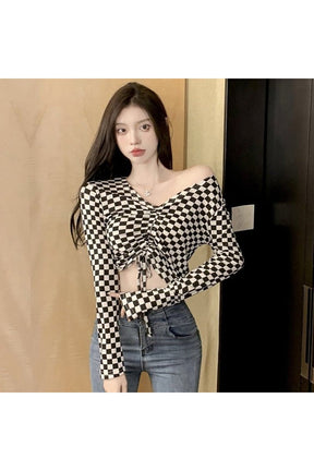 Checkered Off The Shoulder Crop Top