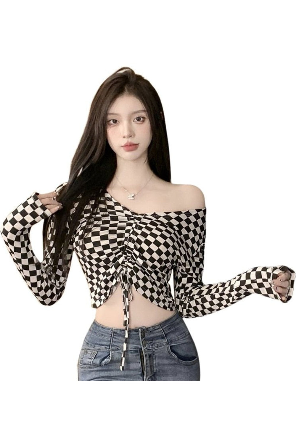 Checkered off the shoulder crop top in L, trendy.