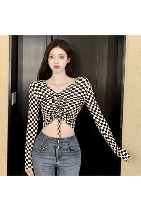 Checkered Off The Shoulder Crop Top