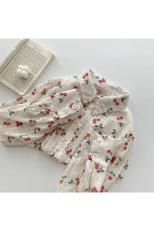 Cherry Blossom Button-Up Blouse in Beige, floral pattern.