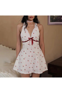 White Cherry Blossom Halter Dress, elegant floral design.