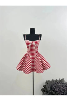 Red Cherry Gingham Sweetheart Dress, charming and vibrant.