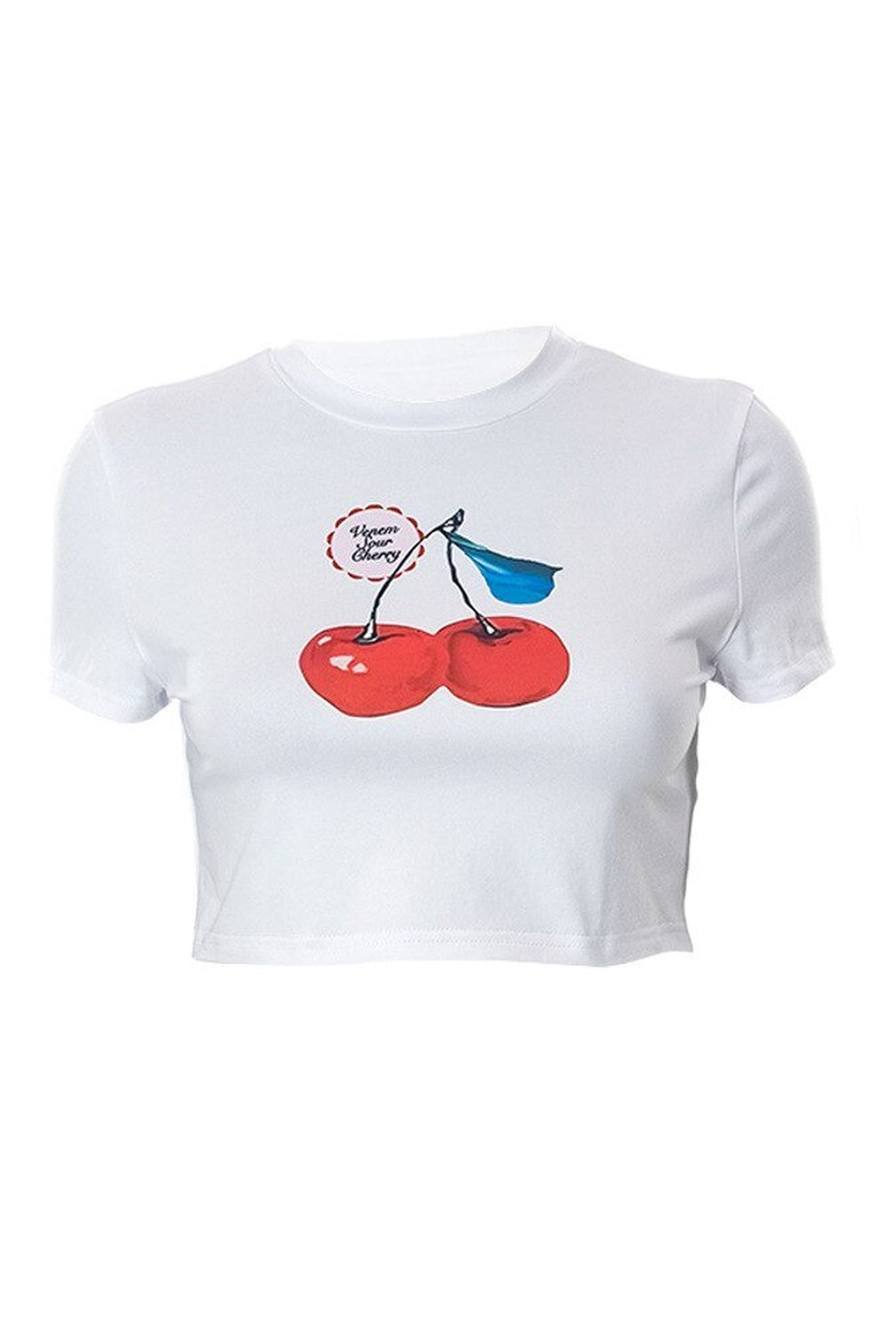 White Cherry Print Crop Top with cherries.