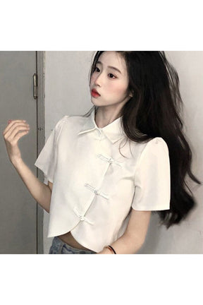 Stylish black Chinese crop top shirt fashion.