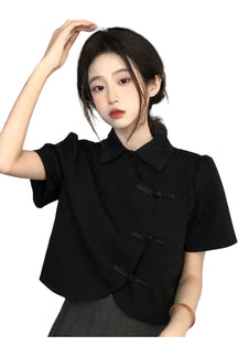 Stylish black Chinese crop top shirt fashion.