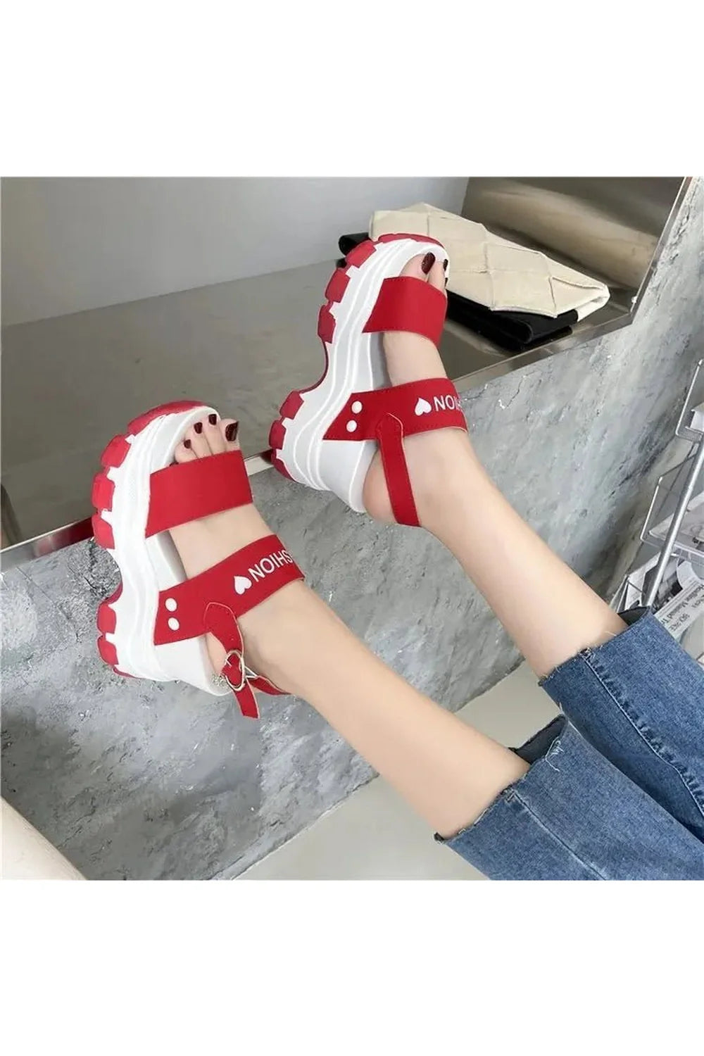 Red Chunky Platform Sandals elevate summer style.