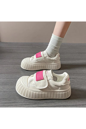 Chunky Velcro Platform Sneakers in Beige Rose Red.