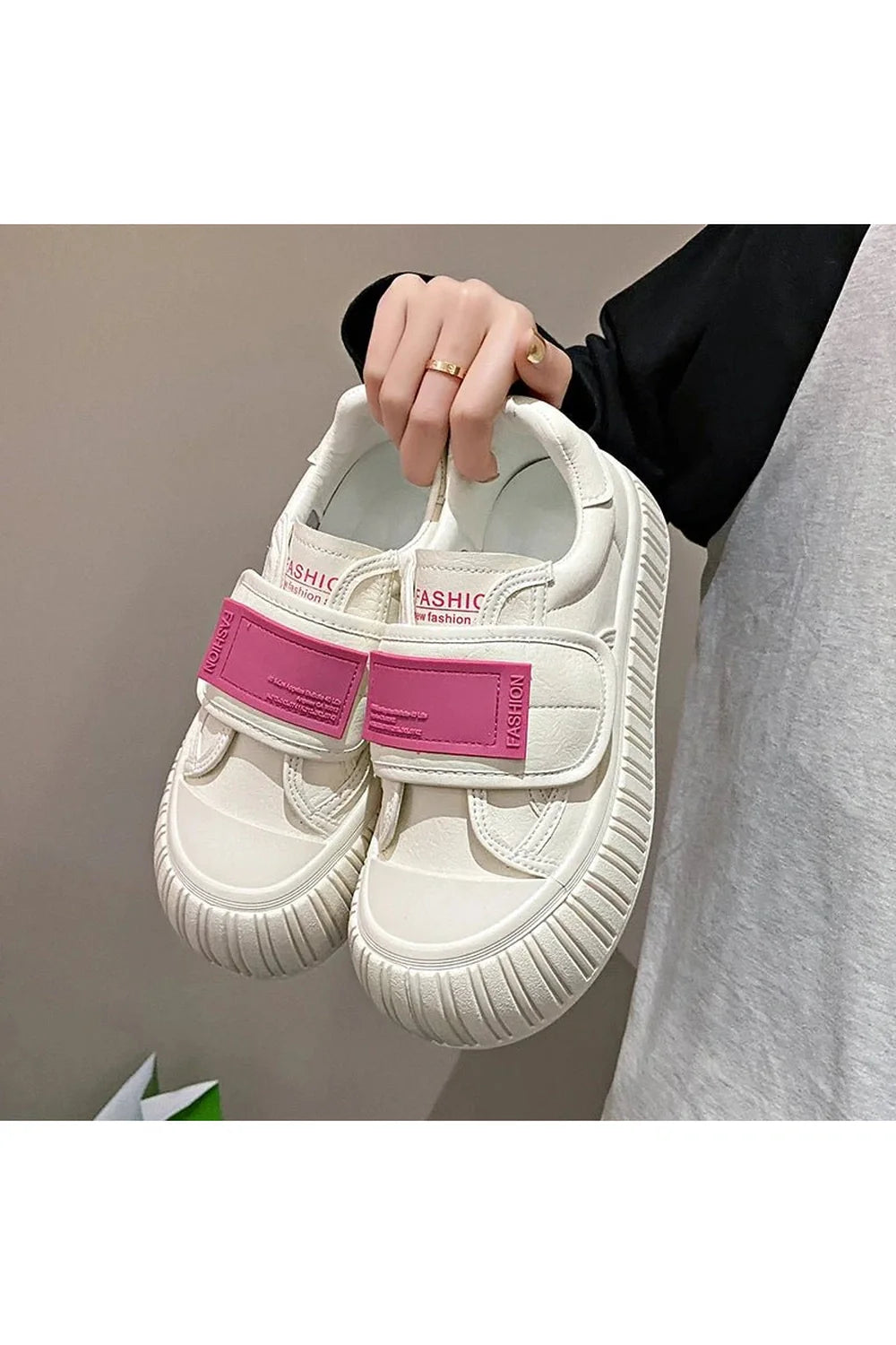 Chunky Velcro Platform Sneakers in Beige Rose Red.