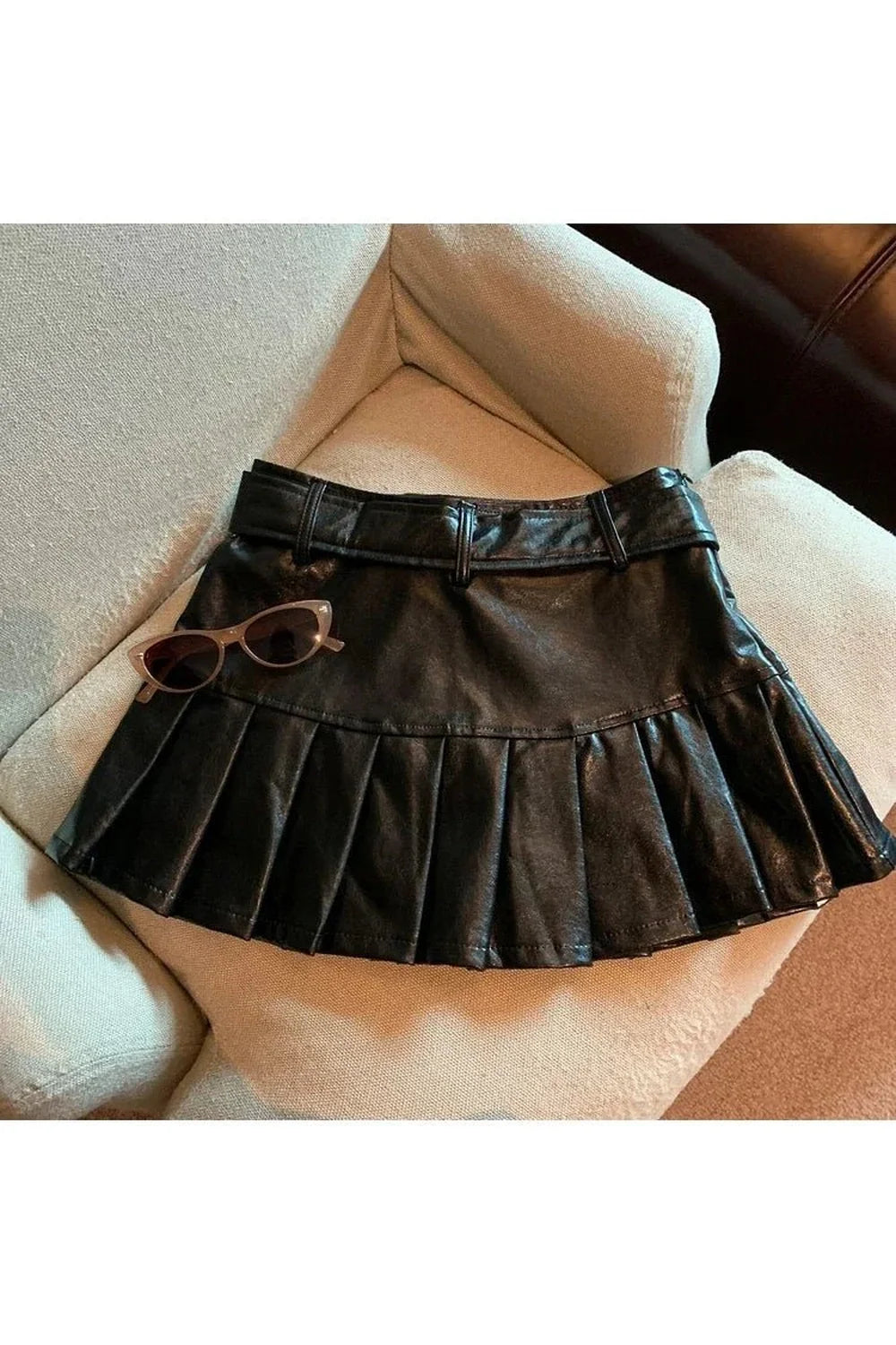 Coffee Leather Pleated Skirt in rich Coffee hue.