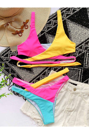 Vibrant Pink Yellow Contras Colors Baddie Swimsuit.