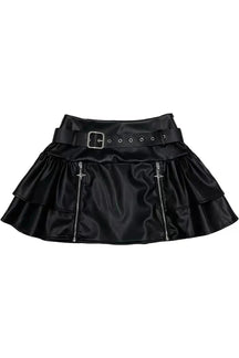 Stylish black leather mini skirt with zipper detail.