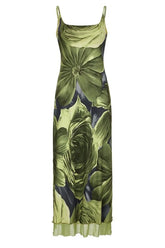 Chic Coquette Boho Maxi Dress in Green floral.