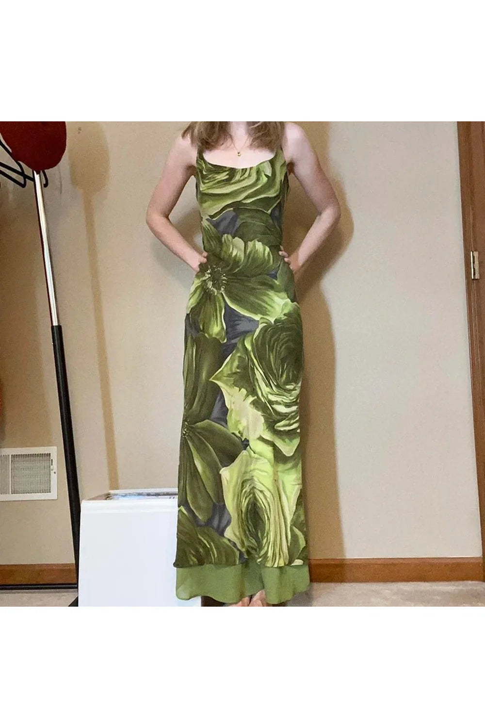 Chic Coquette Boho Maxi Dress in Green floral.