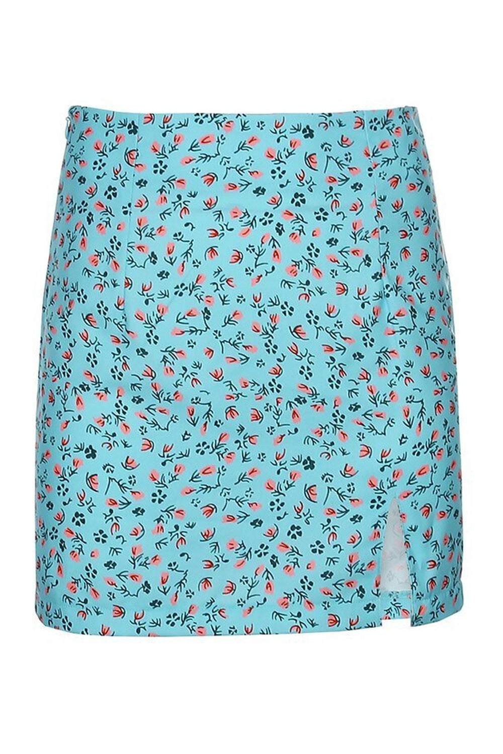 Floral print mini skirt in charming blue.