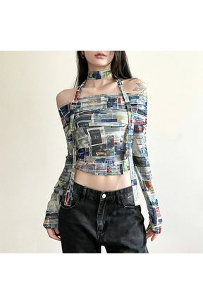 Stylish Coquette crop top in vibrant multicolor print.